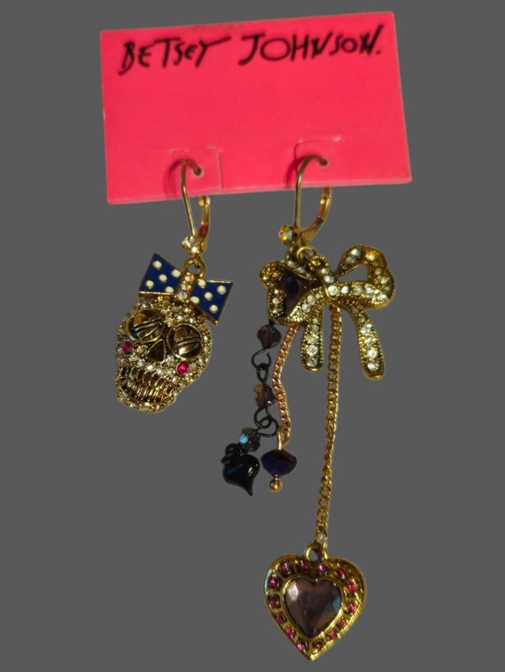 ☠️🎀Betsey "IVY LEAGUE" Collection Mismatched Skull Hearts Bow Earrings NWT🎀☠️